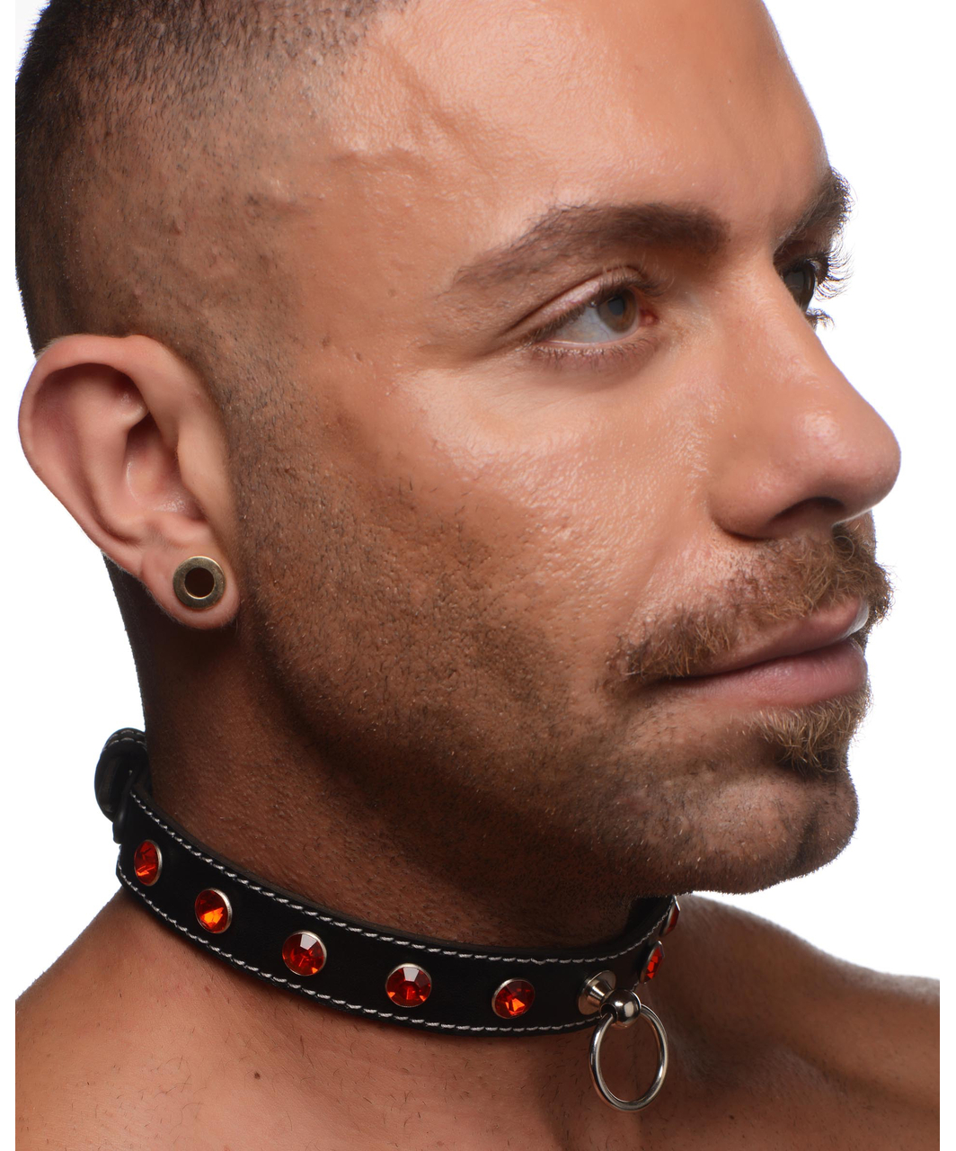 Master Series Strict leatherette choker with red rhinestones