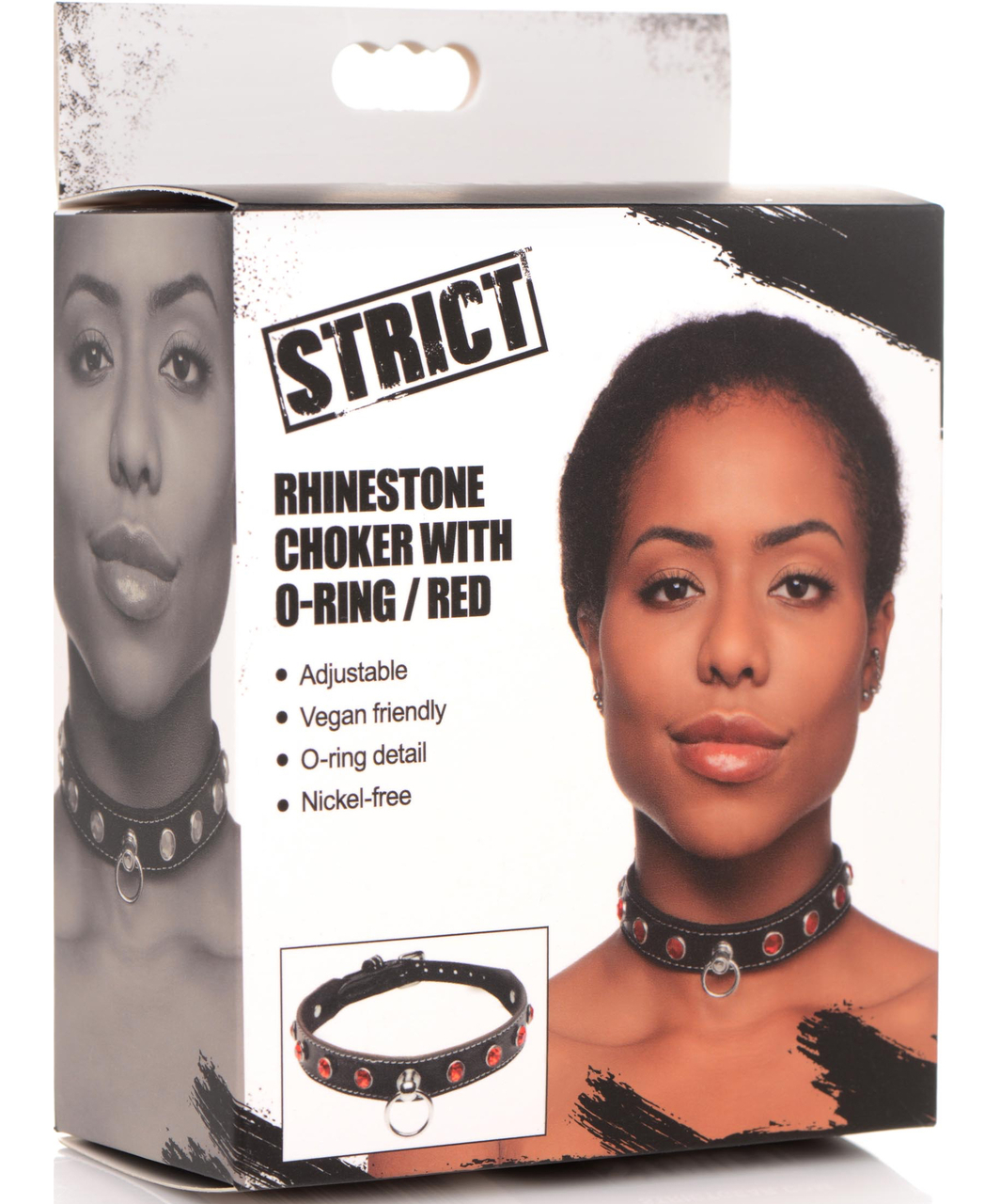 Master Series Strict leatherette choker with red rhinestones