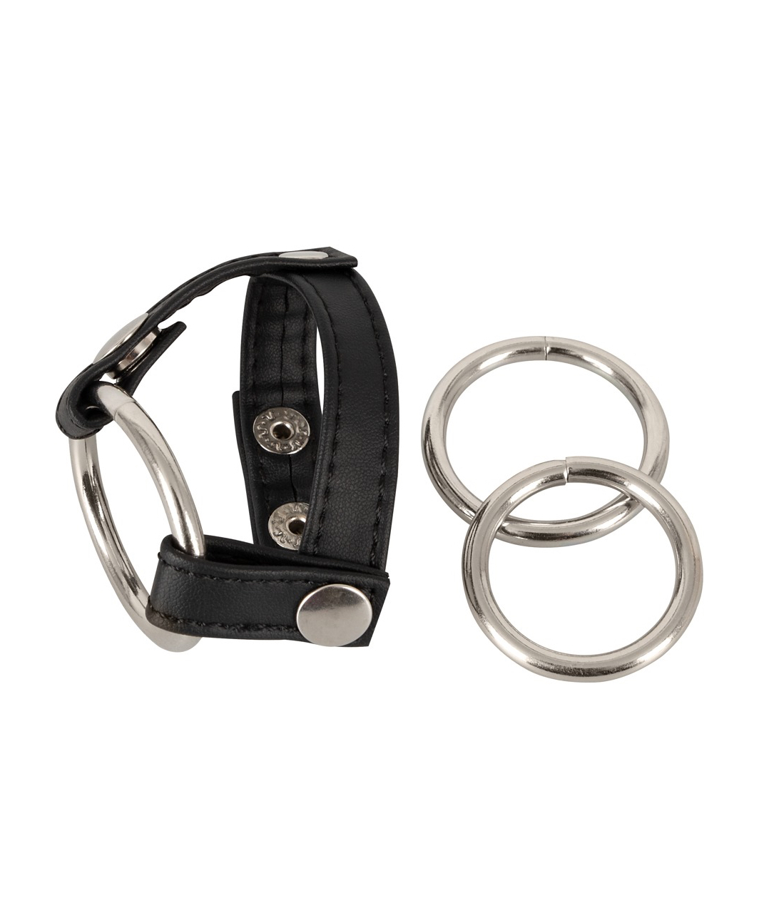 Bad Kitty metal cock rings with faux leather strap