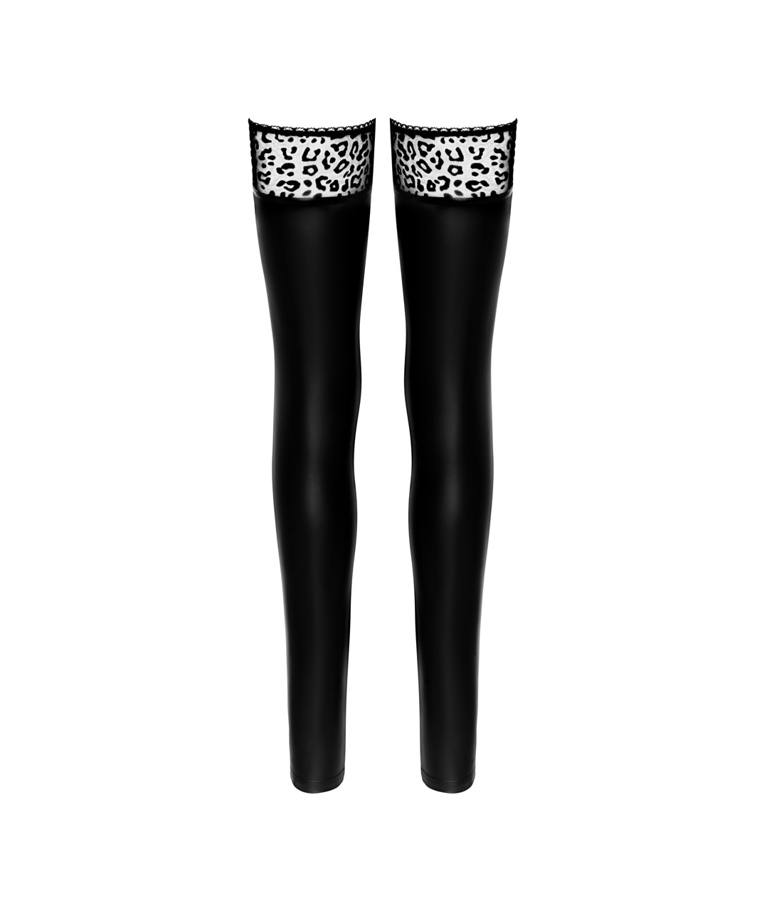 Noir Handmade black matte look hold-up stockings with flock print