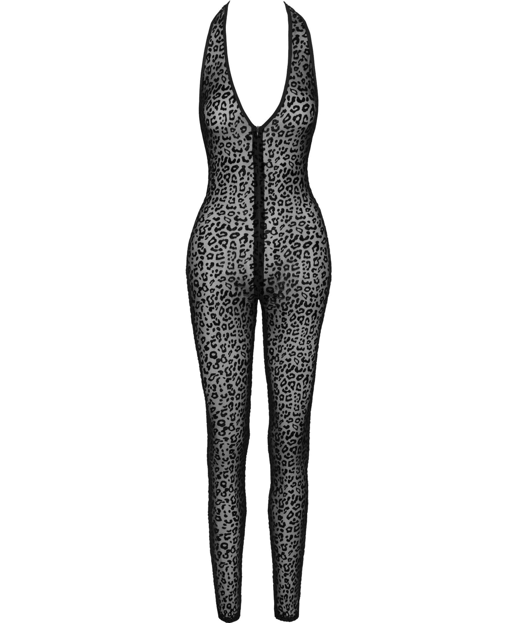 Noir Handmade black sheer mesh catsuit with flock print