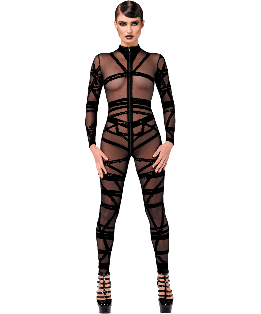 Noir Handmade Kink Royal F357 melns caurspīdīgs kaķenes tērps