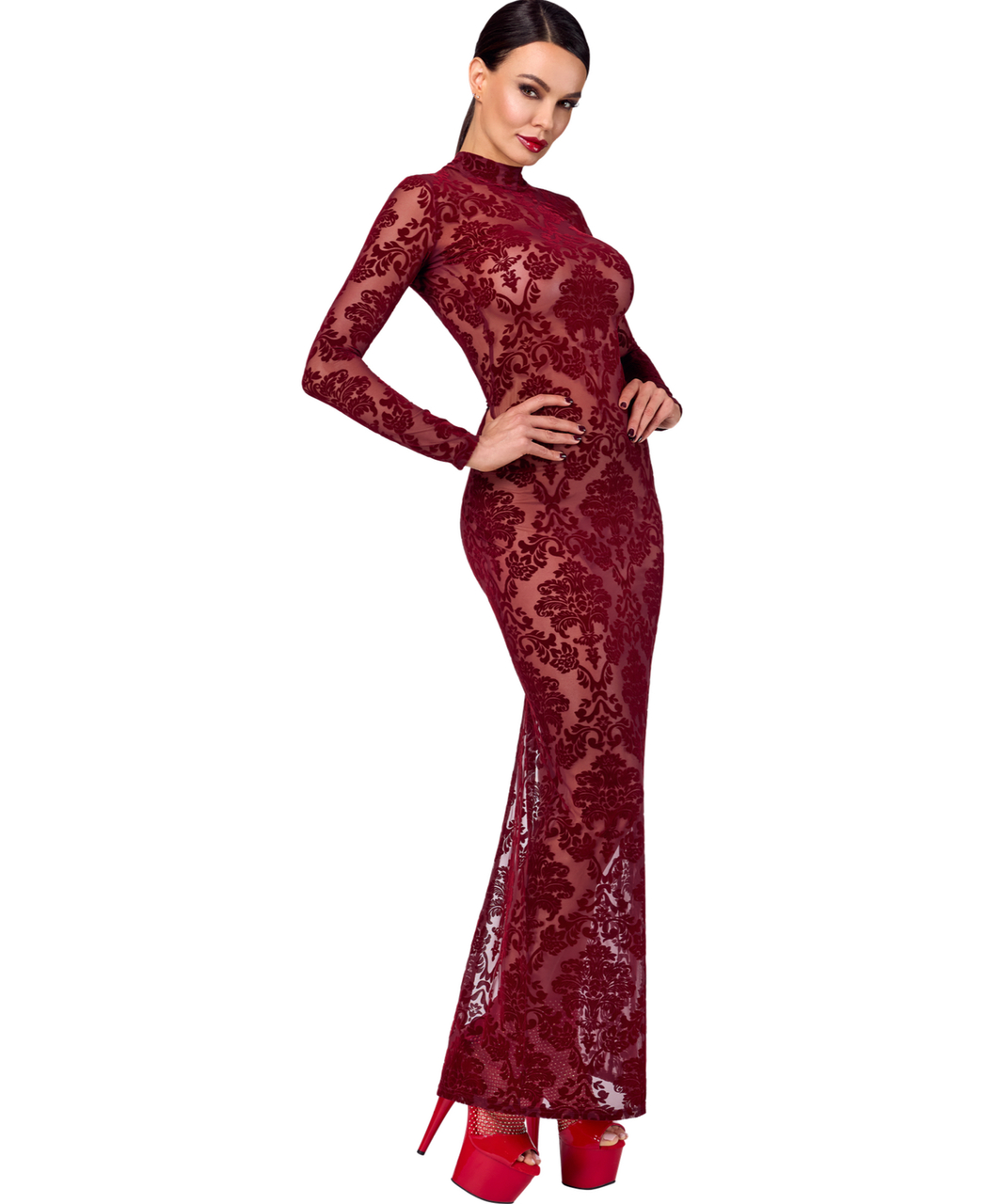 Noir Handmade Kink Royal F383 burgundy sheer mesh dress