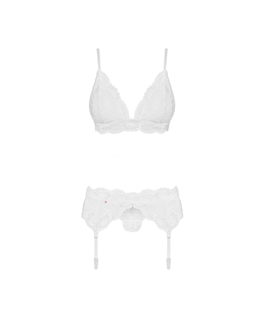 Obsessive white lace lingerie set with suspender belt