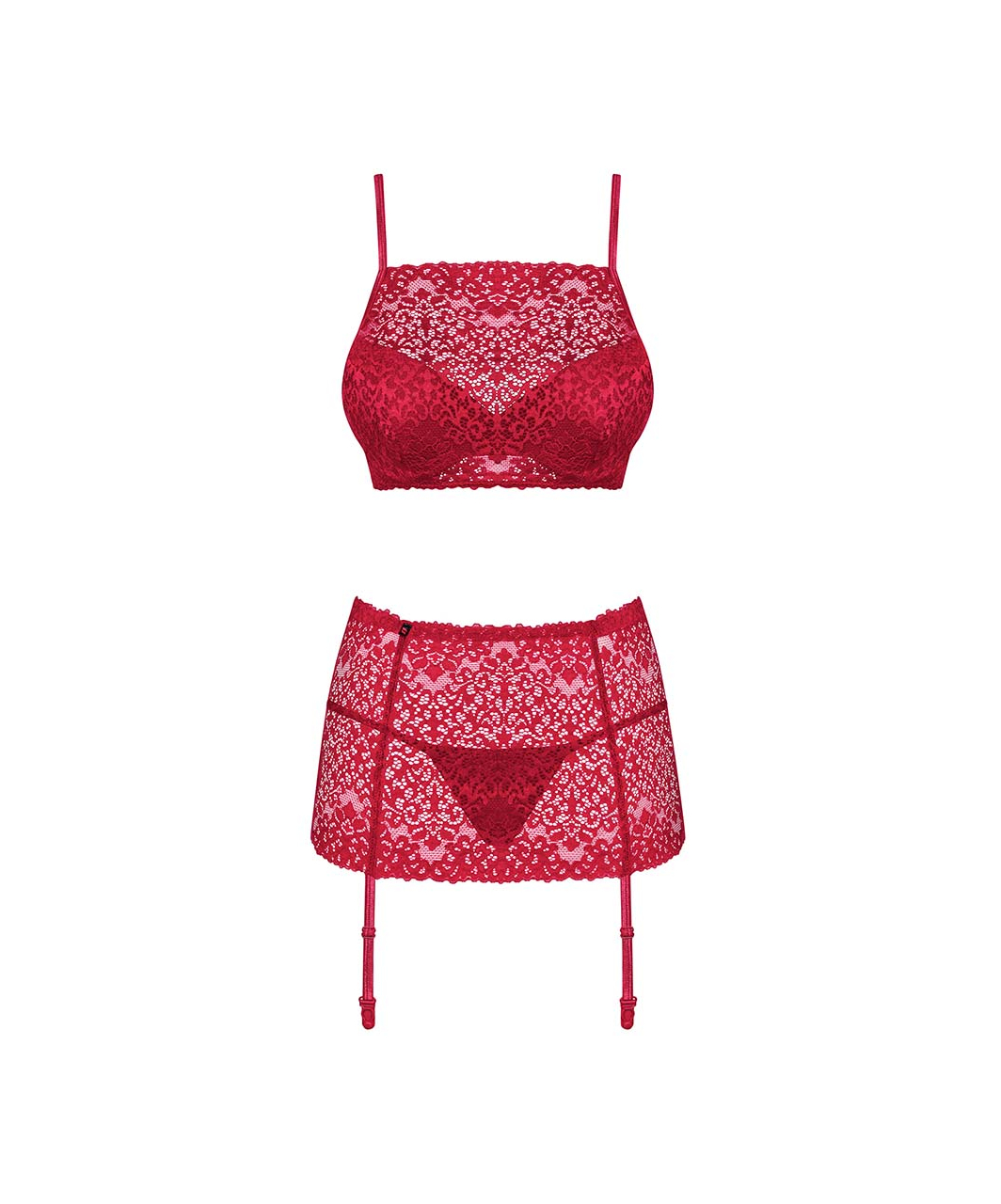 Obsessive Lividia red lace three-piece lingerie set