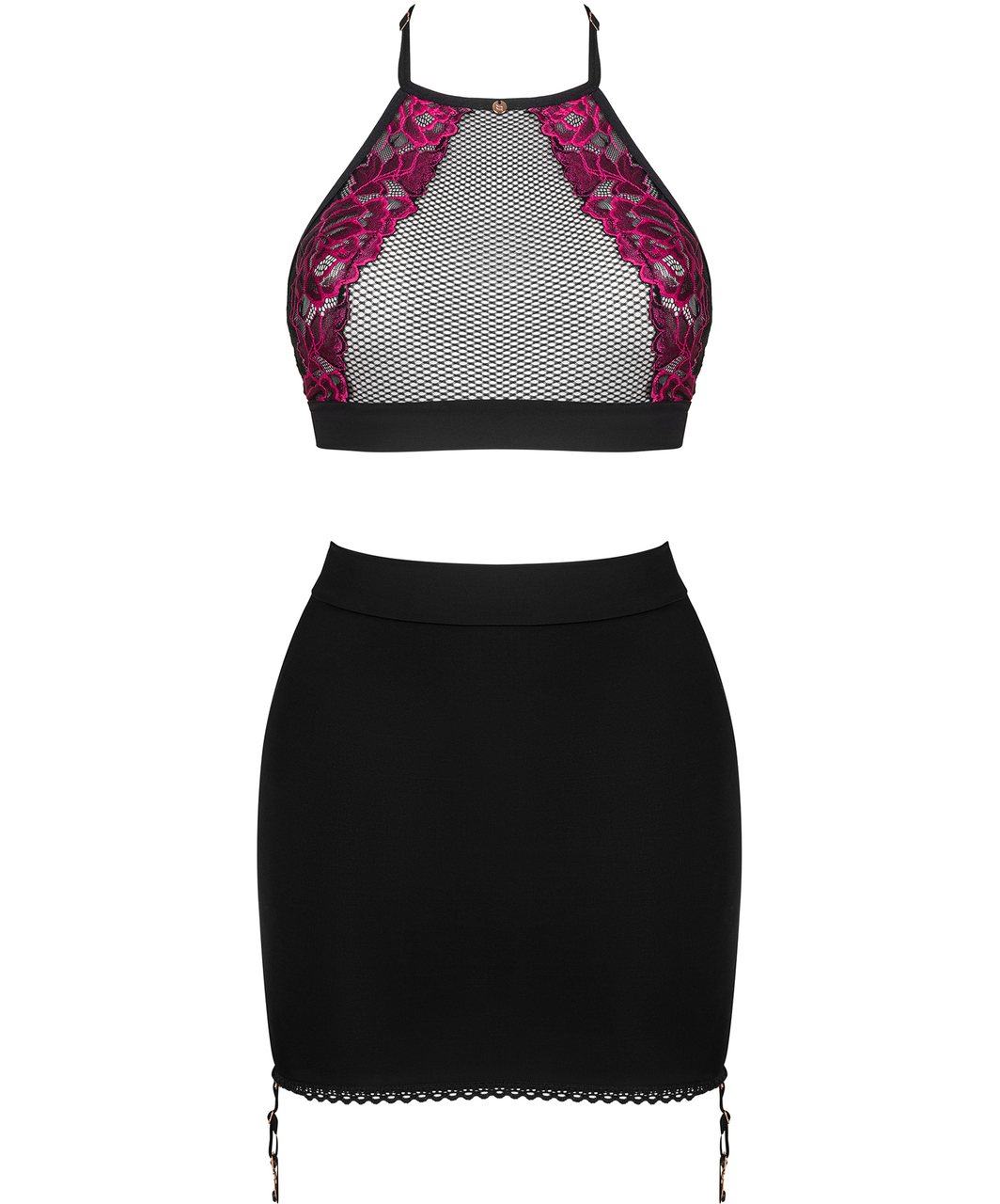 Obsessive Rosenty black bra & skirt with pink embroidery