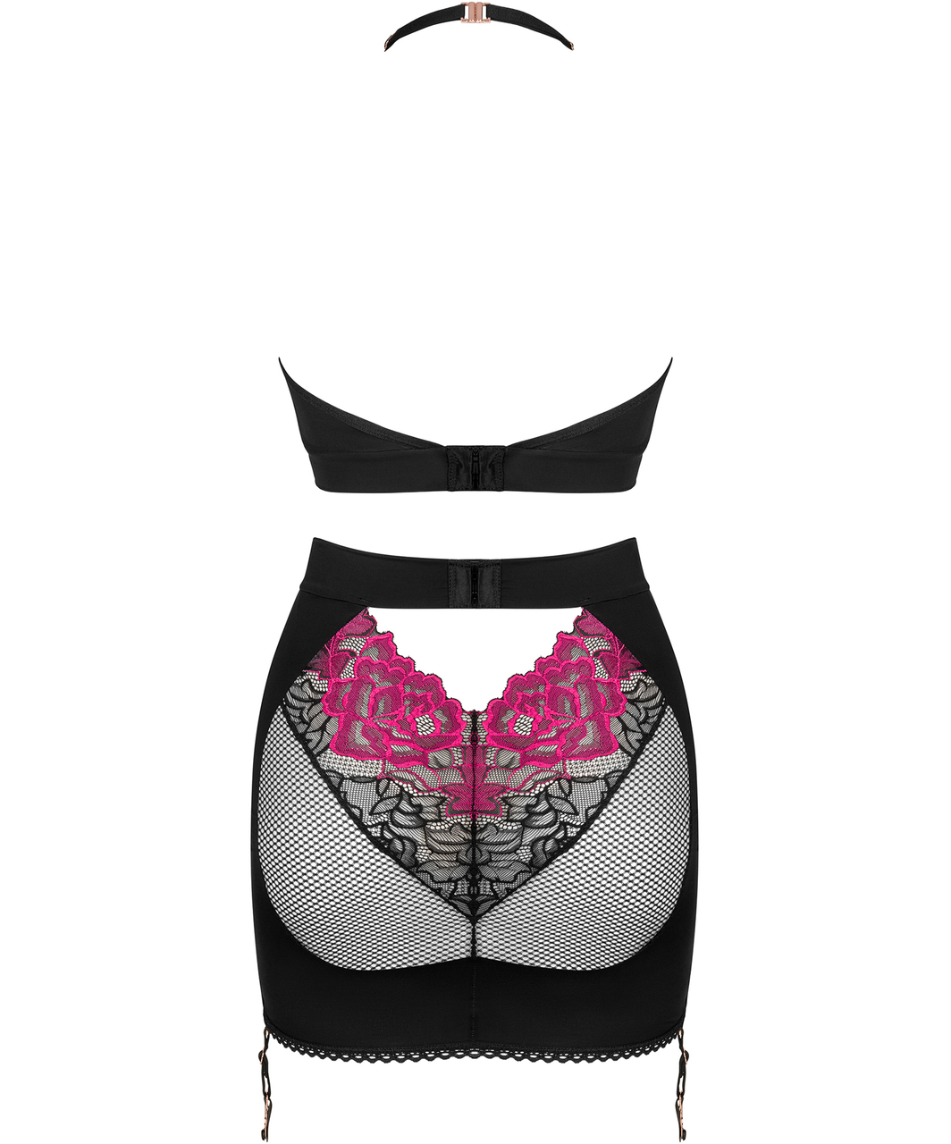 Obsessive Rosenty black bra & skirt with pink embroidery
