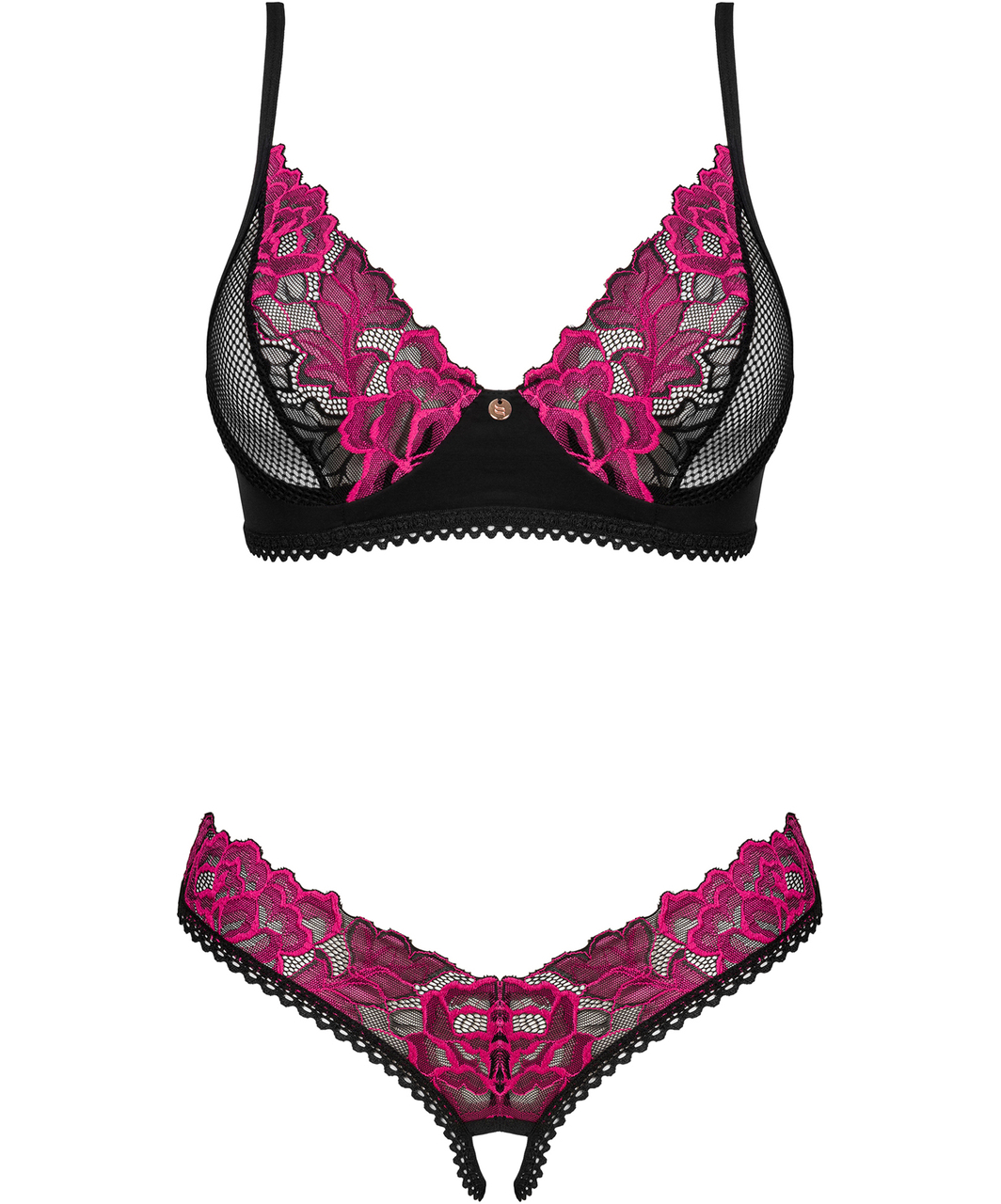 Obsessive Rosenty black lingerie set with pink embroidery