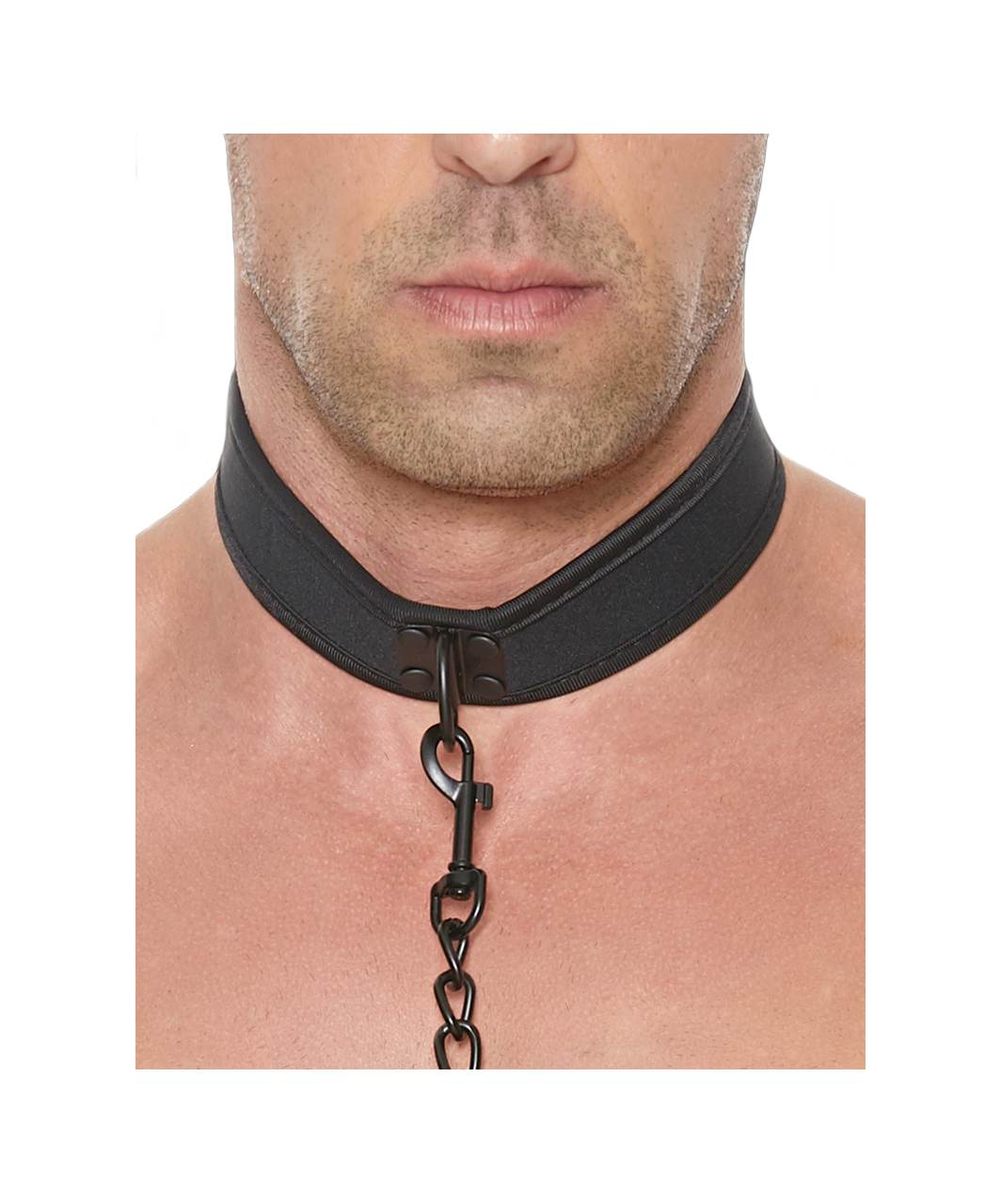 Ouch! black neoprene collar with chain leash