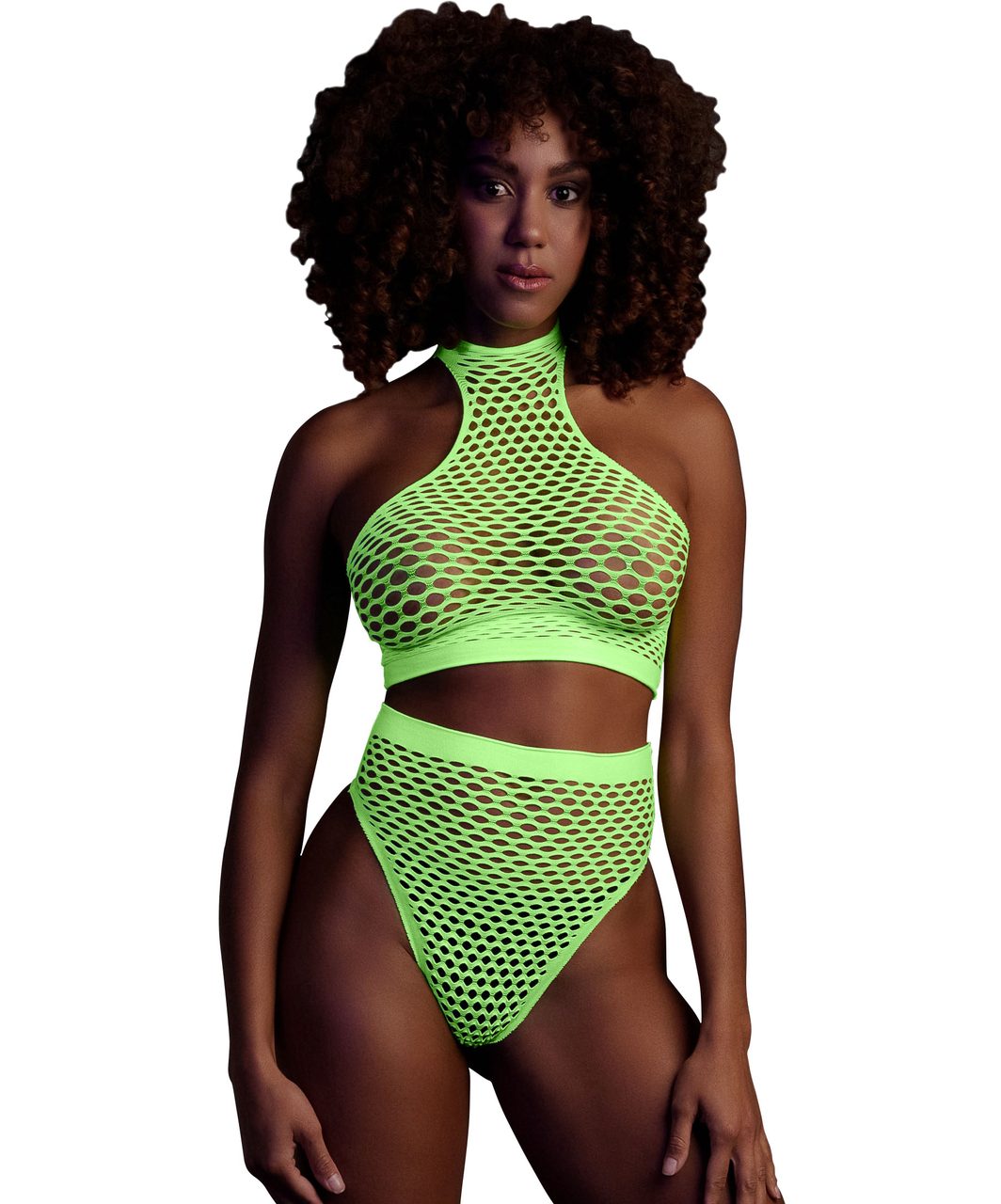 Ouch! Glow neon green net crop top & briefs