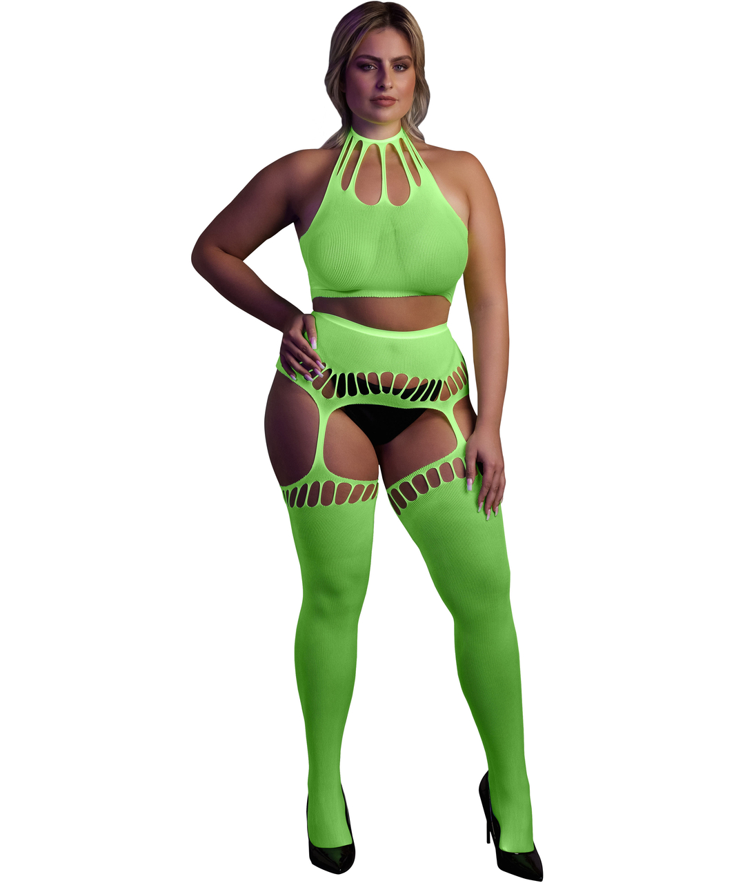 Ouch! Glow neon green net crop top & crotchless tights