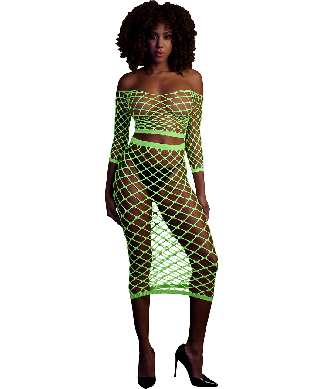 Ouch! Glow neon green net crop top & skirt