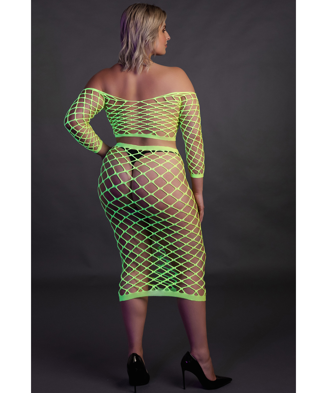 Ouch! Glow neon green net crop top & skirt