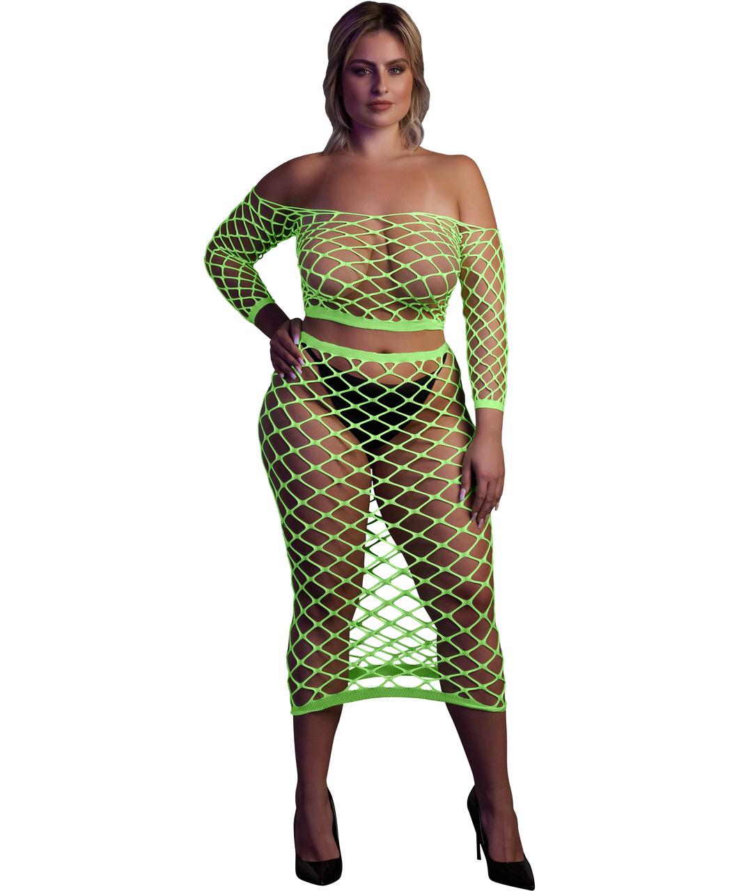 Ouch! Glow neon green net crop top & skirt