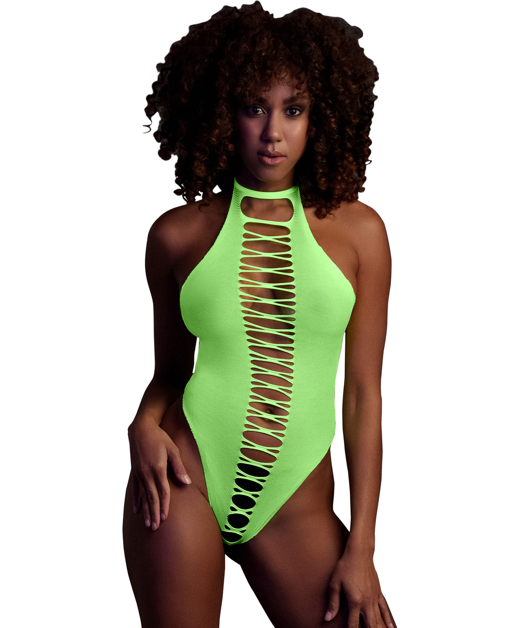 Ouch! Glow neon green net crotchless bodysuit