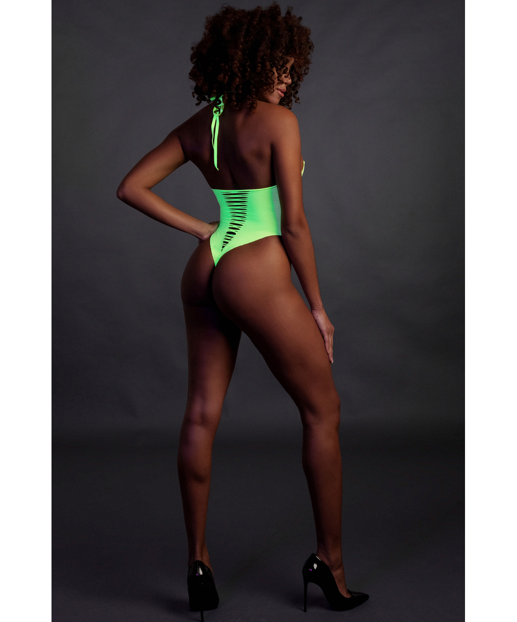 Ouch! Glow neon green net crotchless bodysuit