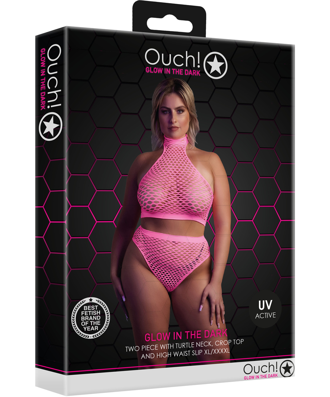 Ouch! Glow neon pink net crop top & briefs