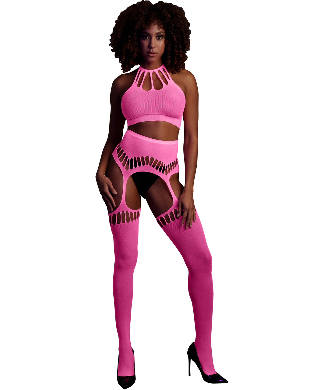 Ouch! Glow neon pink net crop top & crotchless tights