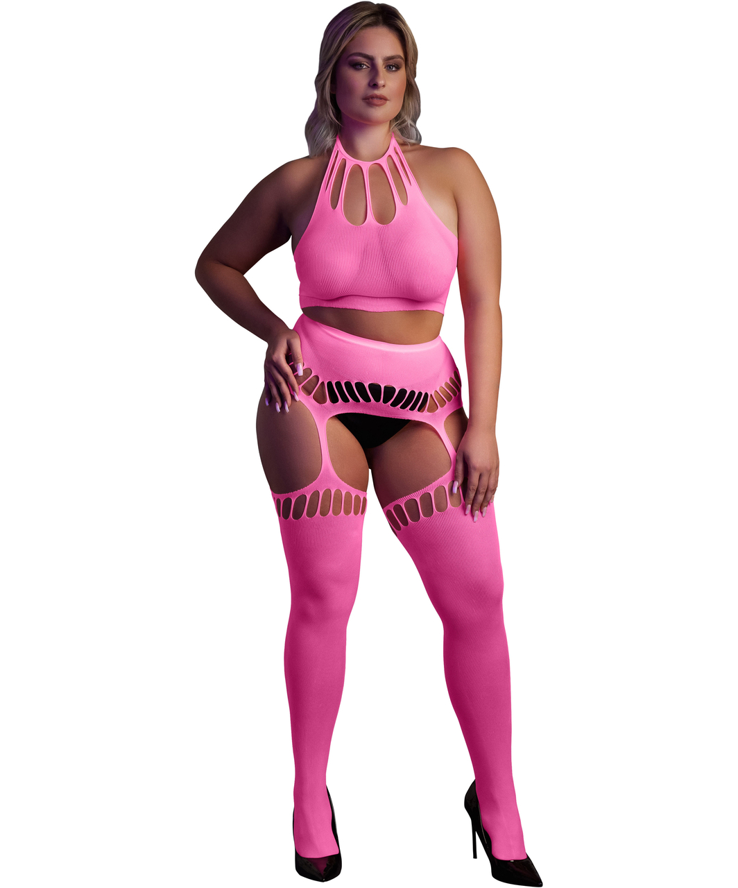 Ouch! Glow neon pink net crop top & crotchless tights