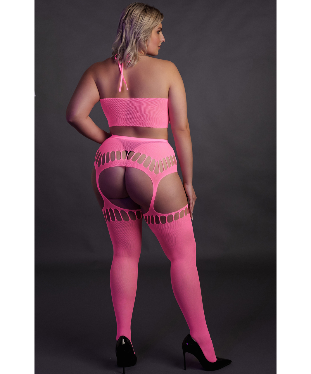 Ouch! Glow neon pink net crop top & crotchless tights