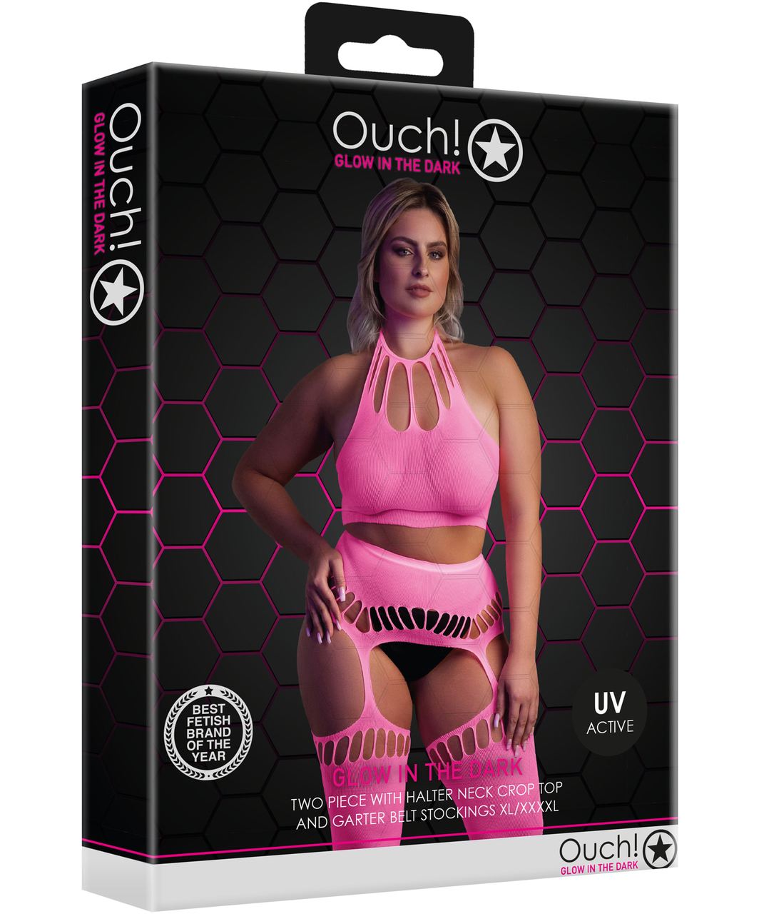 Ouch! Glow neon pink net crop top & crotchless tights