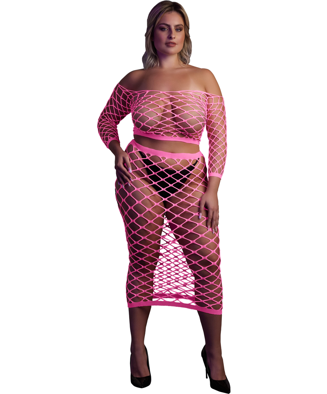 Ouch! Glow neon pink net crop top & skirt