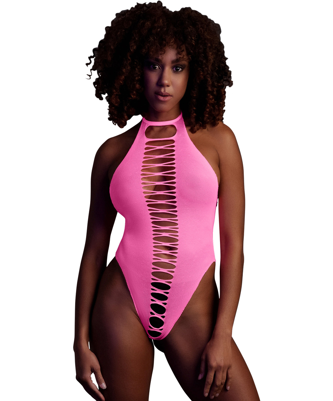 Ouch! Glow neon pink net crotchless bodysuit