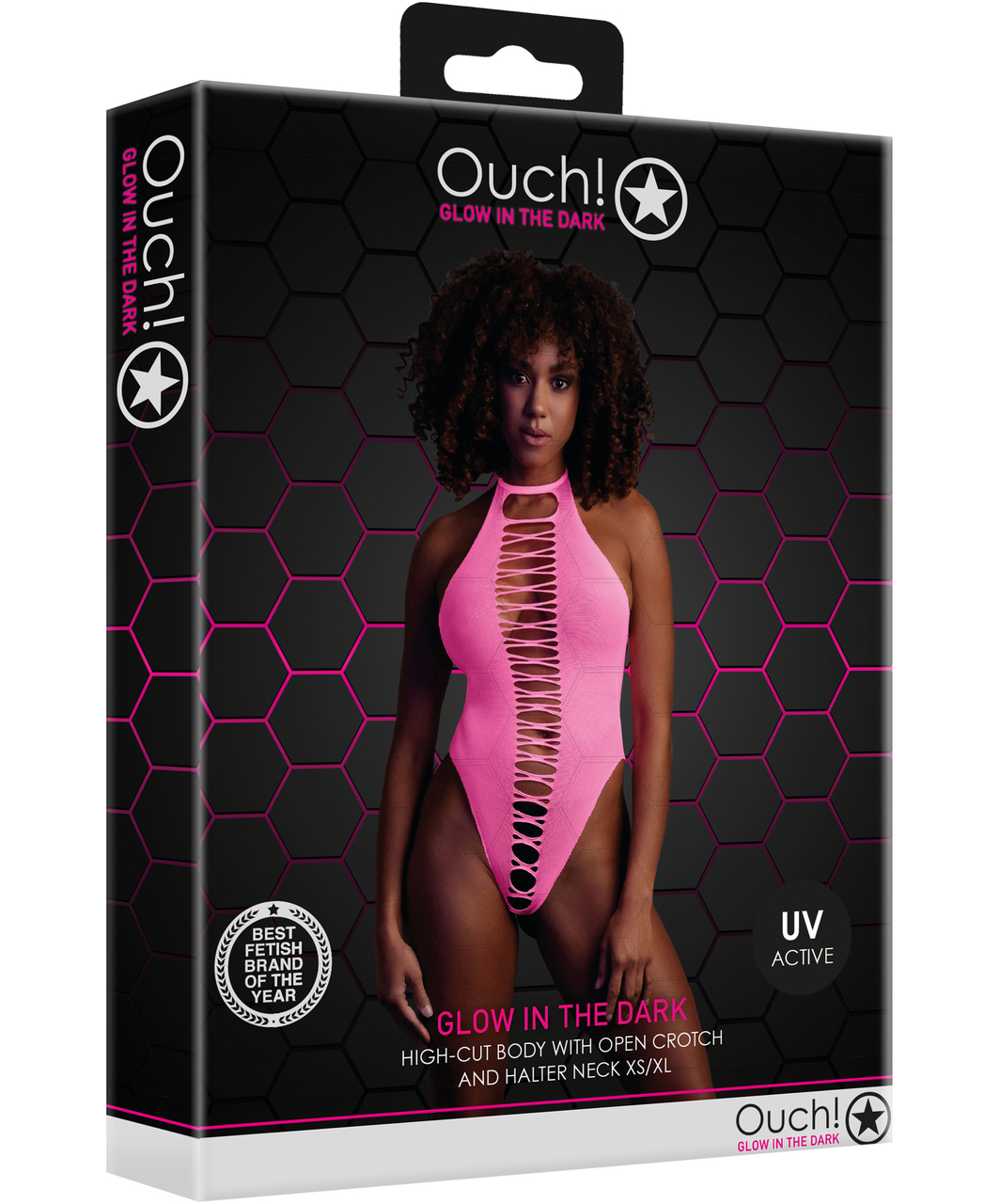 Ouch! Glow neon pink net crotchless bodysuit