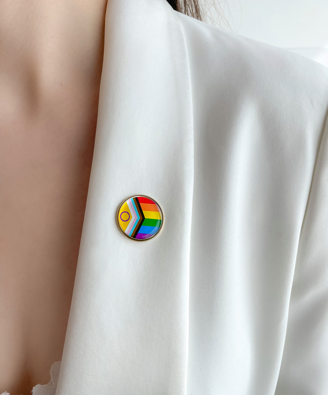 Rainbow Pride LGBT progress flag gloss enamel round lapel pin