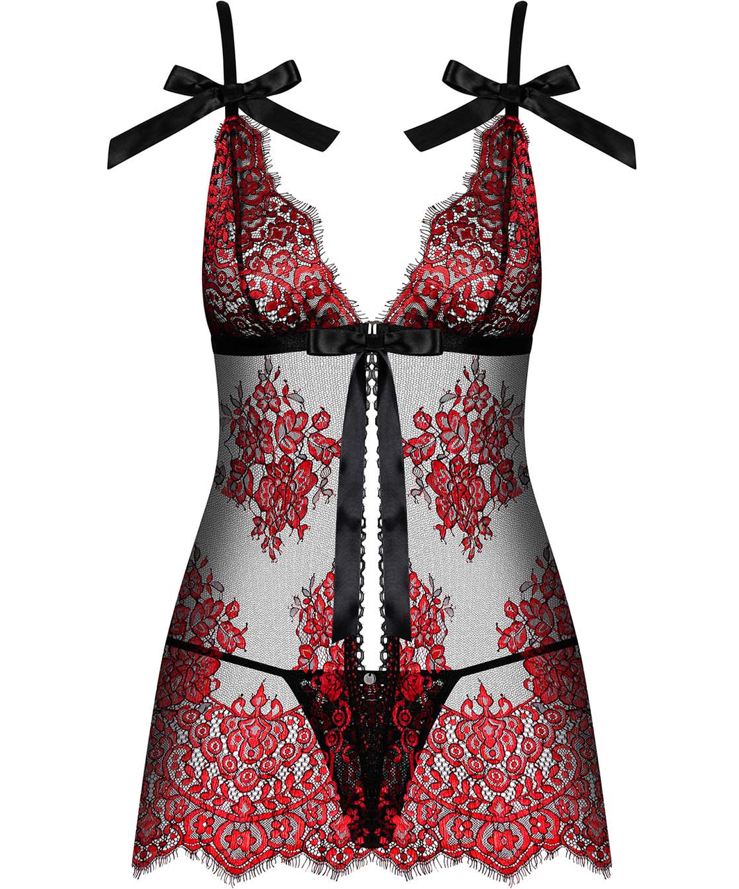 Obsessive Redessia black sheer mesh & red lace peignoir