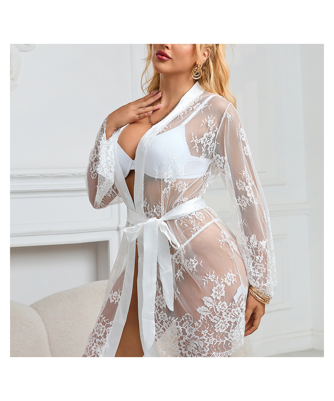 Subblime Fiorella white sheer mesh peignoir