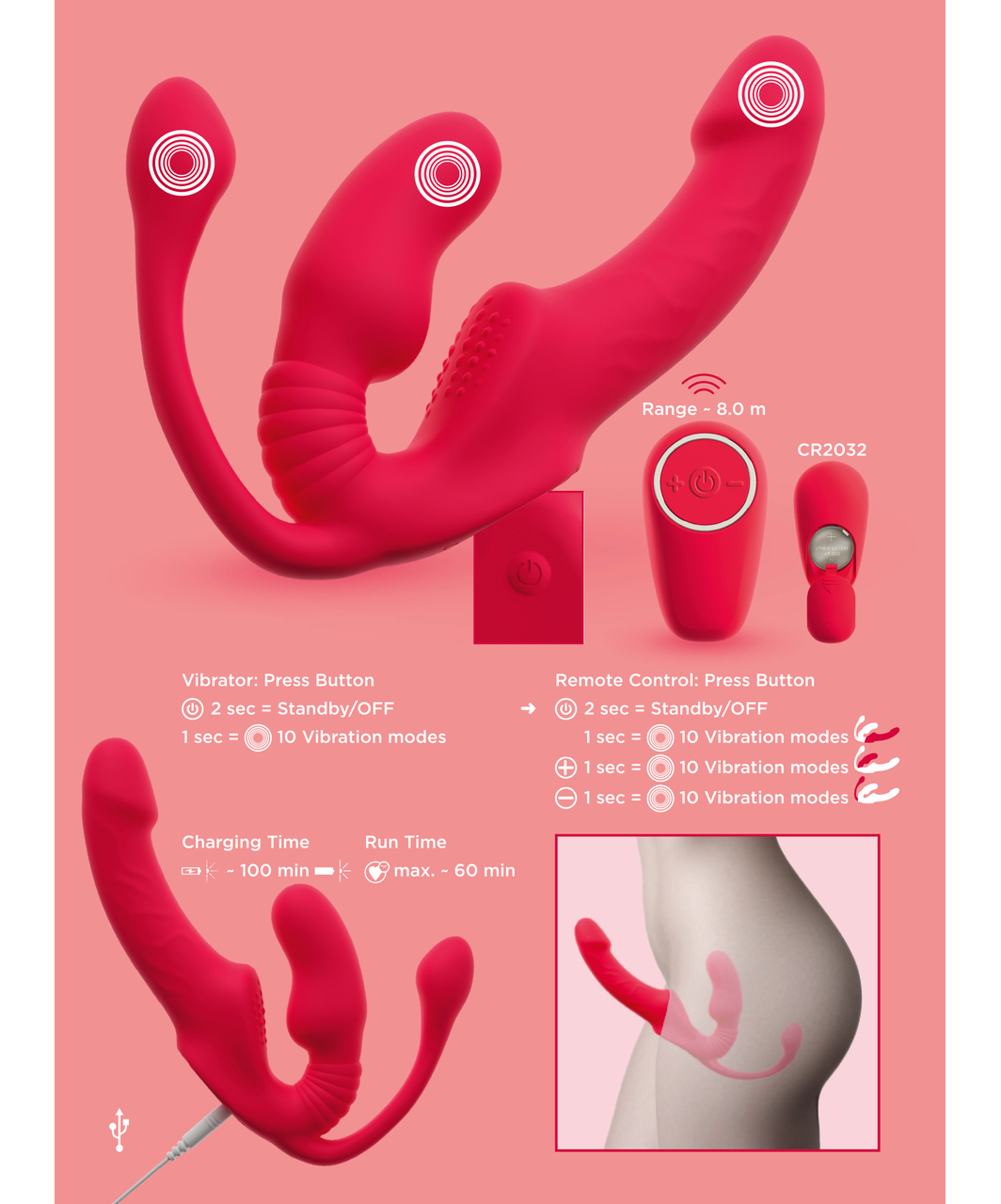 You2Toys Triple Teaser rihmavaba vibreeriv strap-on