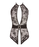 Abierta Fina black lace bodysuit with decorative sash