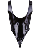 Black Level black vinyl bodysuit with sheer mesh inserts