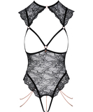 Abierta Fina black lace open bodysuit with chains
