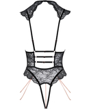 Abierta Fina black lace open bodysuit with chains
