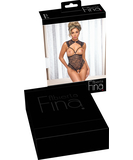 Abierta Fina black lace open bodysuit with chains