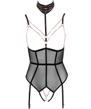 Abierta Fina black sheer mesh open bodysuit with rhinestones