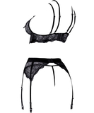 Abierta Fina black lace 3-piece suspender set