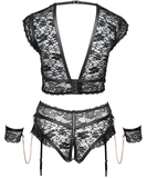 Cottelli Lingerie black lace crotchless suspender set with wrist cuffs