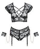 Cottelli Lingerie black lace crotchless suspender set with wrist cuffs