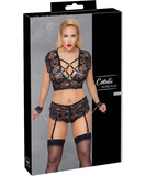 Cottelli Lingerie black lace crotchless suspender set with wrist cuffs