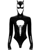 Black Level black vinyl bodysuit with cat hood mask