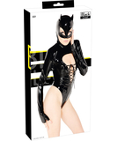 Black Level black vinyl bodysuit with cat hood mask