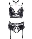 Cottelli Lingerie black matte look & lace crotchless suspender set