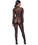 Noir Handmade black sheer mesh catsuit with flock print