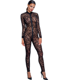 Noir Handmade black sheer mesh catsuit with flock print