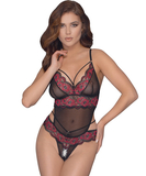 Cottelli Lingerie black sheer mesh crotchless bodysuit with red embroidery