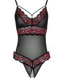 Cottelli Lingerie black sheer mesh crotchless bodysuit with red embroidery
