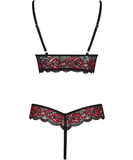 Cottelli Lingerie mustast läbipaistvast tüllist avatud jalgevahega bodi punaste tikanditega